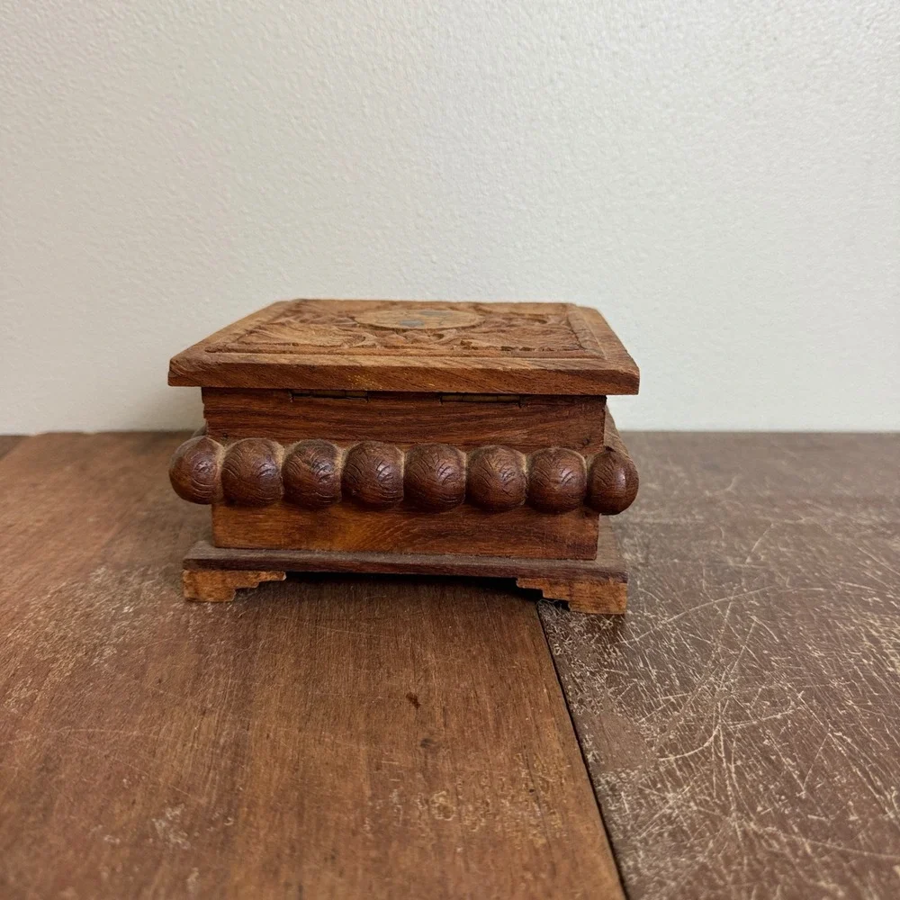 Vintage‎ Solid Wood Carved Jewelry Trinket Box Made in India